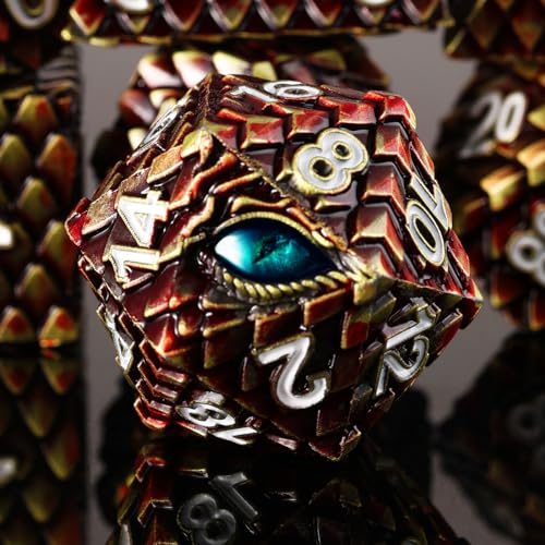 Metal Dice Set D&D,7 PCS Dragon Scale Metallic DND Dice Set,Dragon Eye Metal Dice with Grogeous Gift Case for Dungeons and Dragon Tabletop Game (Reddish Brown Dragon Scale & Cyan Eye) - color: Reddish Brown Dragon Scale & Cyan Eye