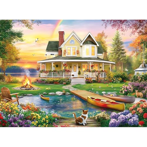 300 Piece Puzzle for Adults, Large Piece Elderly Jigsaw Puzzle, Lakeside Villa with Cat and Garden, Family Kids and Adults Fun Gift, 20.5x15 in - color: Lakeside Villa