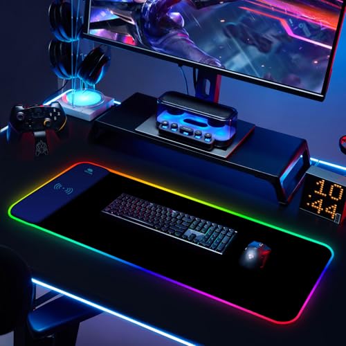 RGB Gaming Mouse Pad with Wireless Charging, Large LED Mouse Pad with 10 Light Modes, Extended Keyboard Pad Non-Slip Rubber Base,Waterproof Desk Pad for Home Office, Black - color: Black
