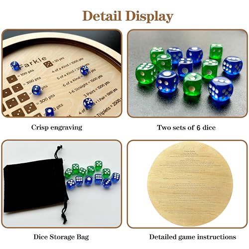 Farkle Dice Tray, Farkle Dice Game with Tray and 2 Sets of 6 Dice, 12" Wooden Dice Tray for The Classic Family Game
