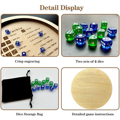 Farkle Dice Tray, Farkle Dice Game with Tray and 2 Sets of 6 Dice, 12" Wooden Dice Tray for The Classic Family Game