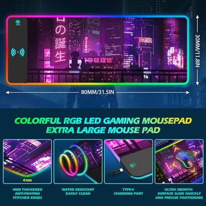 RGB Gaming Wireless Charging Mouse Pad Mat, 15W 10 Light Modes LED Mousepad | ToLuLu Computer Keyboard Mouse Pad, 800x300x4MM Extended Large Desk Mat for Gaming, MacBook, Laptop, PC, Neon Purple Sign - color: Neon Purple Sign