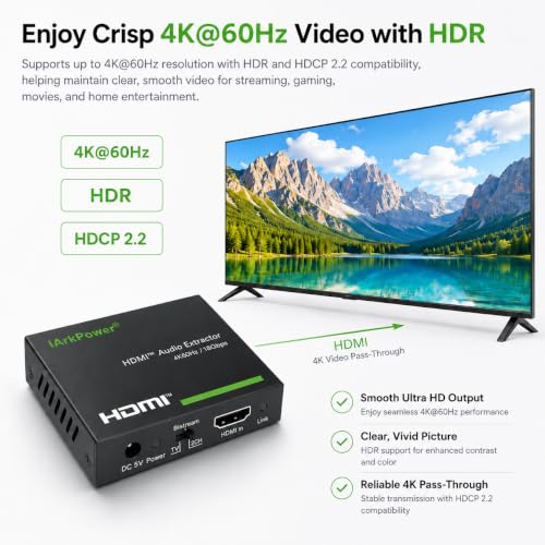 HDMI 2.0 오디오 추출기 4K60Hz HDMI to 광학 + 3.5mm 아날로그 오디오 스플리터 돌비 비전, 돌비 애트모스, HDR10, HDCP 2.2, CEC 지원