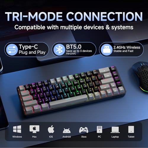 DIERYA DK68 60% Wireless Mechanical Gaming Keyboard, 3-Mode, Bluetooth 5.0/2.4G/USB-C, RGB Backlit, 68-Key Compact Mini for Windows, Mac, Linux - Clicky Blue Switch - Grey/Black - color: Grey Black/Blue Switch