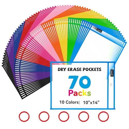 Gamenote 70 Pack Dry Erase Pockets with 5 Rings, 10 Assorted Colors 10x14 Oversized Reusable Plastic Sleeves, Clear Sheet Protectors, Teacher Supplies for Classroom Organization - color: Assorted Colors, size: 70 Pack