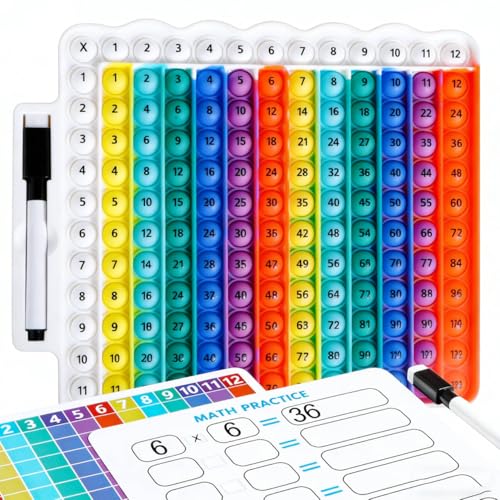 Educational e1 Multiplication Table pop Fidget Toy Rainbow Colors with Dry Erase Marker Stress Relieving Toy Memory Addition Game 3rd Grade pop 12x12 Rainbow Board Math manipulatives - color: White Edges and Rainbows