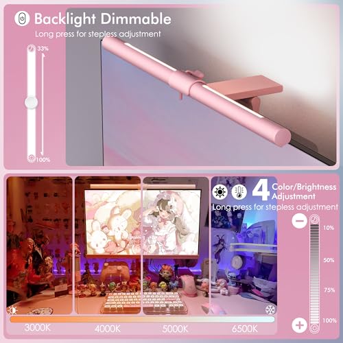 Quntis Pink Monitor Light Bar with Remote, Eye-Care No Glare, Space Saving Computer Desk Lamp As Gifts for Girls, Stepless Dimming, Modern Aesthetic Desk Light Bar for Home Office Gaming Reading | Eye-Care No Glare, Space Saving, Stepless Dimming, Desk La