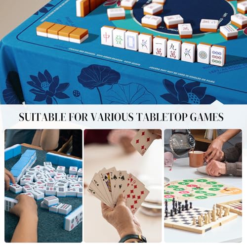 HOMBYS Elegant Lotus Mahjong Table Cloth 55x55 Inch, Square Mahjong Mat with Beginner Game Rules, Spill-Resistant Cover for Card & Tile Game Tables (Lake Blue) - color: Lake Blue