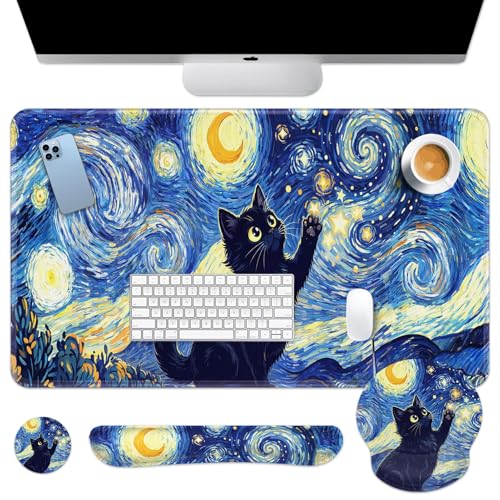 Britimes Cat Blue Moonlight Keyboard Mouse Pad Set Oil Painting Abstract 4in1 Large Mousepad+Keyboard Wrist Rest+Mouse Wrist Rest+Coaster Ergonomic Design for Home Office Computer 35.4x15.7 inches - color: Cat Blue Moonlight