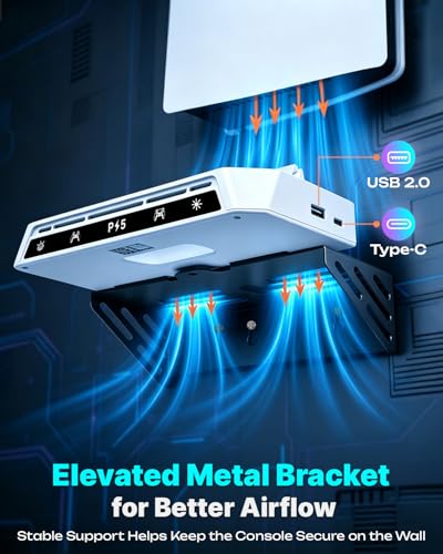 Sehawei Wall Mount for PS5/PS5 Slim/PS5 Pro Console, RGB Light Dock | Dual Controller Charging Station with Headset Holder, Compatible with Disc & Digital Editions, Space-Saving Gaming Organizer