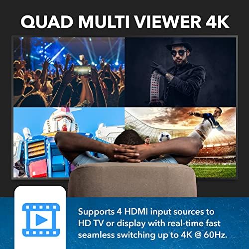 OREI 4x1 Multi HDMI Viewer Quad- 4K@60Hz RS-232 EDID IR Remote OSD HDCP 2.2 | HDMI Multiviewer 4K, HDMI Multi Viewer – 18Gbps, 8 Display Modes, 7.1 Audio, Seamless Switching, Auto Switching