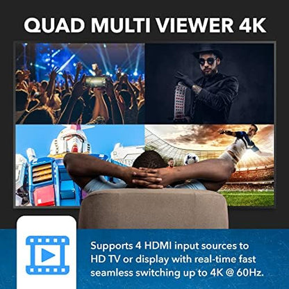OREI 4x1 Multi HDMI Viewer Quad- 4K@60Hz RS-232 EDID IR Remote OSD HDCP 2.2 | HDMI Multiviewer 4K, HDMI Multi Viewer – 18Gbps, 8 Display Modes, 7.1 Audio, Seamless Switching, Auto Switching