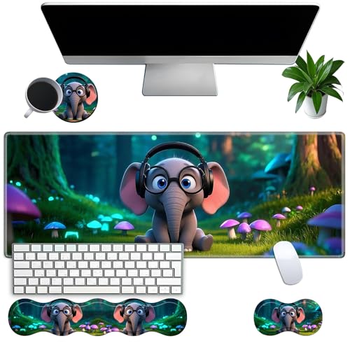 Large Gaming Mouse Pad Set with Wrist Support – 31.5" x 11.8" 4-in-1 XXL Mousepad with Keyboard Wrist Rest, Mouse Wrist Rest & Coaster – Ergonomic Desk Mat for Office, Home – Cute Baby Elephant - color: Cute Baby Elephant