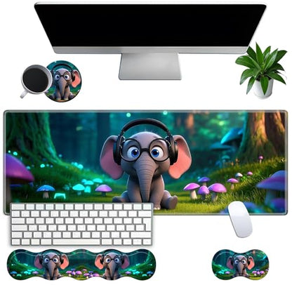 Large Gaming Mouse Pad Set with Wrist Support – 31.5" x 11.8" 4-in-1 XXL Mousepad with Keyboard Wrist Rest, Mouse Wrist Rest & Coaster – Ergonomic Desk Mat for Office, Home – Cute Baby Elephant - color: Cute Baby Elephant