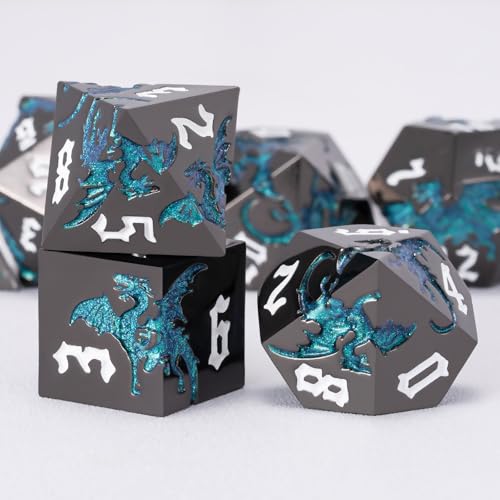 Sharp Edge DND Dragon Dice Set,Metal Polyhedral Dice with Dragon for Dungeons and Dragons RPG TTRPG D&D 7-Die Set with Gift Case - color: Dragon-pearl Gun Glitter Light Blue