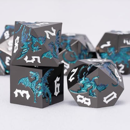 Sharp Edge DND Dragon Dice Set,Metal Polyhedral Dice with Dragon for Dungeons and Dragons RPG TTRPG D&D 7-Die Set with Gift Case - color: Dragon-pearl Gun Glitter Light Blue