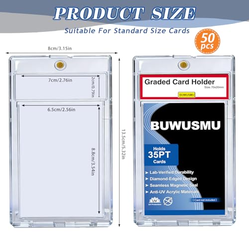 50 Pcs 35 Pt Acrylic Magnetic Card Holders, One Touch Graded Card Slabs | Clear Magnetic Card Cases For Sports, Baseball And Trading Card Storage, Protection, Display And Collecting