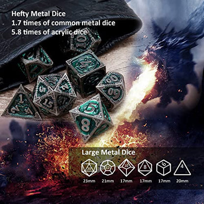 Haxtec Metal DND Dice Set, 7 Pcs Dragon Pattern Polyhedral Dice for RPG | Antique Green D&D Dice with Leather Bag, Compatible with Dungeons and Dragons, Heavy Metallic, TTRPG Gifts for Table Games - color: Iron Green