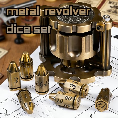Metal Bullet Polyhedral Dice Set of 7 with Spinning Revolver Cylinder Case - Cyberpunk Style for D&D, RPG, and War-Themed Tabletop Games (Bronze) - color: Bullet Bronze
