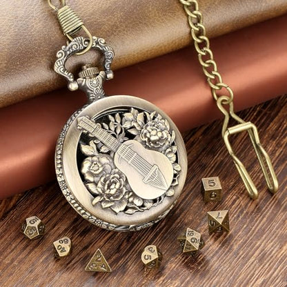 Hollow Bard Pocket Watch Dice Set, Metal Mini Dice, DND Gifts with Dice Bag | Bronze Tiny Dice, DND Stuff for Role Playing Games, DND Starter Set, 7pcs Polyhedral Metal Dice Set for Game Night, Bard Gift - color: Bard Dice Set