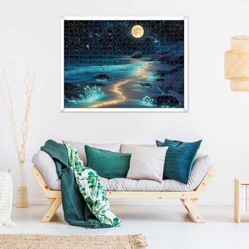 500 Piece Puzzle for Adults,Summer Moonlight Scenery Jigsaw Puzzle for Adults Seniors,Sparkling Beach Nature Landscape Puzzle with HD Print & Poster,Challenging Family Game Great Gifts,20.5 x 15In - color: Sea