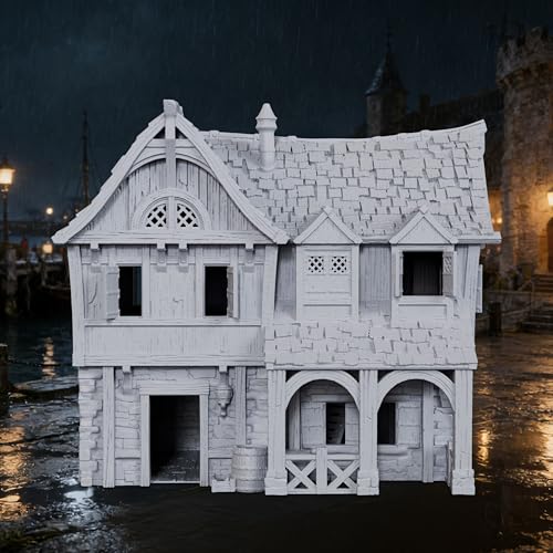 AUSPDICE DND Terrain 25mm 도색되지 않은 석재 및 목재 도크 빌딩 TTRPG용 | 던전 앤 드래곤 판타지 워게임용 1:64 스케일 멀티 레벨 하버 디스트릭트 풍경 - AF1154D - color: Af1154d Dock Buildings D