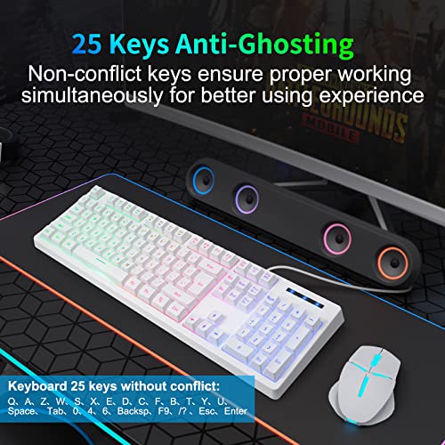 HUO JI White Gaming Keyboard USB Wired with Rainbow LED Backlit, Floating Keys, Mechanical Feeling, Spill Resistant, Ergonomic for Xbox, PS Series, Desktop, Computer, PC - color: White