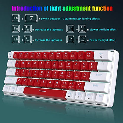 Snpurdiri Wired 60% Mechanical Gaming Keyboard (White-Red, Red Switches) | White LED Backlit Ultra-Compact Small Office Keyboard for Windows Laptop PC Mac - color: White Red/Red Switch