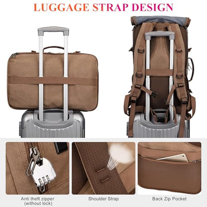 WITZMAN Travel Backpack for Men 40L Large Carry-on Airline Approved | Canvas 3 in 1 Duffle Luggage Bag Fits 16“ Laptop, Shoe Compartment, For Weekend Getaway, Overnight Trip - color: Brown