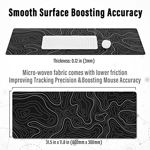 Ovenbird Large Gaming Mouse Pad with Stitched Edges, Topographic Map Topo Mousepad Gaming, Extended XL Large Mousepad with Anti-Slip Base, Cool Mouse Pads for Desk, 31.5 x 11.8 in, Black - color: Black Topo, size: Extended