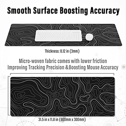 Ovenbird Large Gaming Mouse Pad with Stitched Edges, Topographic Map Topo Mousepad Gaming, Extended XL Large Mousepad with Anti-Slip Base, Cool Mouse Pads for Desk, 31.5 x 11.8 in, Black - color: Black Topo, size: Extended