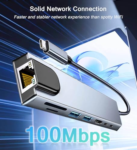 USB C Hub Ethernet HDMI Adapter, 8 in 1 Laptop Docking Station with 4K HDMI, RJ45 Ethernet 100Mbps, SD/TF Card Reader, USB 3.0/2.0, PD 100W, LAN USB C Dongle for MacBook Pro/Air, iPad Pro, XPS, etc