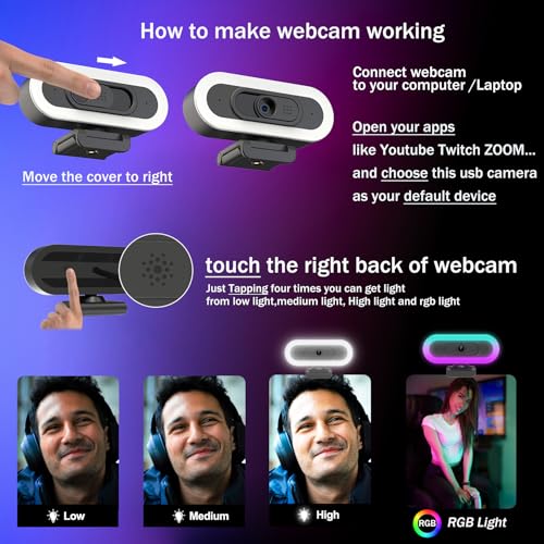 2K Webcam for PC with Microphone/Ring Light,USB C Computer Camera | Webcam with RGB/White Light/Cover,Autofocus,65°FOV, PC Web Camera for Desktop Computer Video Meeting/Gaming Streaming - color: 2k webcam with light