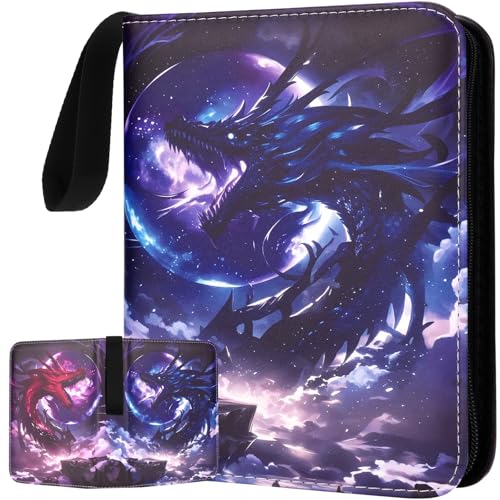 HBK Dragon Card Binder 900 Pockets, Compatible with MTG, TCG, Game Cards | 50 Removable Sleeves, PU Leather Cover, 3-Ring Trading Card Album with Zipper - color: Dragon, size: 900 Pockets