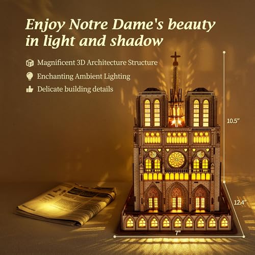 FUNPOLA LED 3D Wood Puzzle - Notre Dame de Paris Architecture Model-Night Edition with LED Lighting- DIY Building Model Craft Kit, Architecture Building Set