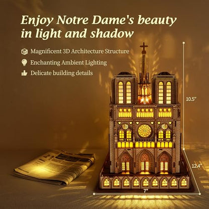 FUNPOLA LED 3D Wood Puzzle - Notre Dame de Paris Architecture Model-Night Edition with LED Lighting- DIY Building Model Craft Kit, Architecture Building Set