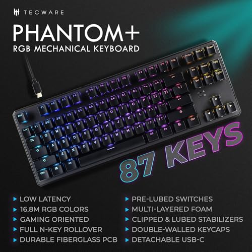 TECWARE Phantom+ 87 Mechanical Gaming Keyboard | RGB LED Backlit | Hot Swappable Wraith Red Switches | 87 Key TKL Layout | Thocky Sound Profile | Detachable USB-C Wired | Black - color: Red Switch