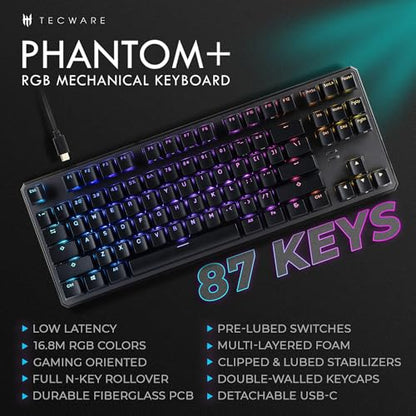 TECWARE Phantom+ 87 Mechanical Gaming Keyboard | RGB LED Backlit | Hot Swappable Wraith Red Switches | 87 Key TKL Layout | Thocky Sound Profile | Detachable USB-C Wired | Black - color: Red Switch
