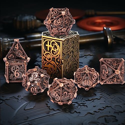 DND Metal Dice Set, UBEUCK 7PCS Gear Metal DND Dice Set for Dungeons & Dragons Board Games Boxes(Gear red Copper) - color: Gear Red Copper