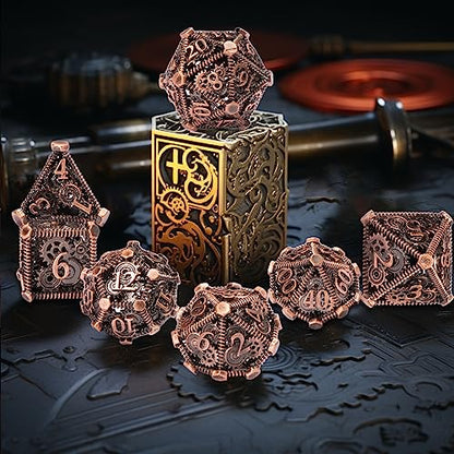 DND Metal Dice Set, UBEUCK 7PCS Gear Metal DND Dice Set for Dungeons & Dragons Board Games Boxes(Gear red Copper) - color: Gear Red Copper