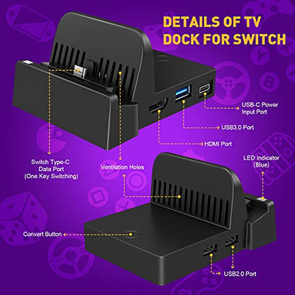 TV Docking Station for Nintendo Switch, Switch OLED, WEGWANG Portable TV Switch Dock Station Replacement for Official Nintendo Switch with HDMI USB 3.0 Port Switch Accessories Gift