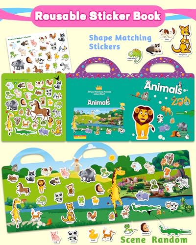 Walenced Reusable Sticker Book for Toddlers, Travel Stickers for Kids, Toddler Craft Activities Toys, Birthday Gifts for Boys & Girls - style: Animal Zoo