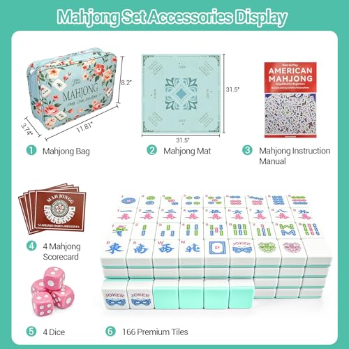American Mahjong Tile Set, 166 Tiles (1.2”), Cute Mini Tiles-Sky-Blue Glaze | Mahjong Tile Set with Carrying Bag, Dice, Mat, Portable Travel Complete Game Set for Home Outdoor Enthusiast Gift - color: Sky-blue Glaze