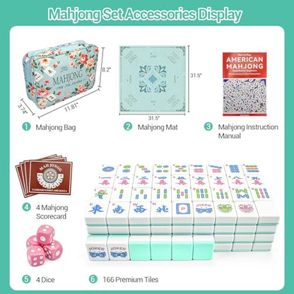 American Mahjong Tile Set, 166 Tiles (1.2”), Cute Mini Tiles-Sky-Blue Glaze | Mahjong Tile Set with Carrying Bag, Dice, Mat, Portable Travel Complete Game Set for Home Outdoor Enthusiast Gift - color: Sky-blue Glaze