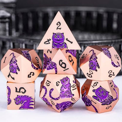 Metal DND Cat Dice 7PCS Polyhedral RPG Dice Set with Gift Case for Dungeons Dragons Role Playing Game, D and D Dice D6 D8 D10 D12 D20 D% (Copper Purple) - color: Cat-copper Purple