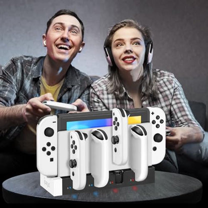 TNP Joy-Con Charging Dock for Nintendo Switch Controllers, 4-Port, Green | Switch Controller Charger and Organizer with 28 Game-Card Slots, Led Charge Indicators, Oled Dock Fit, and Extra Usb Port