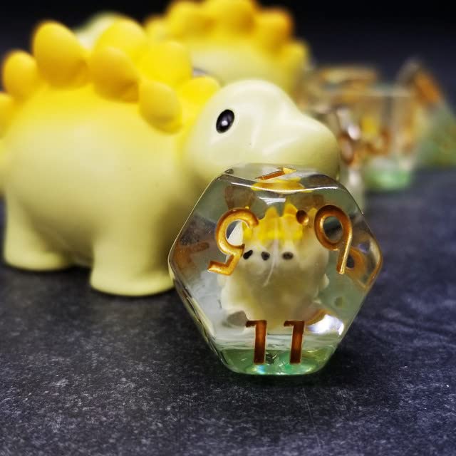 Sage's Portal Familiars Dice and Toy Set Combo Resin DND Dice Set Polyhedral Dice Set for Dungeons and Dragons RPG Pathfinder Tabletop TTRPG (Yellow Stegosaurus + Figurine) - color: Yellow Stegosaurus, style: Dice Set +Mini Figure