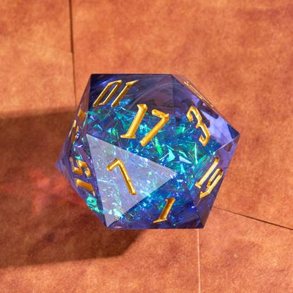 Cusdie Single D20 DND Dice with Sharp Edges and Glitter Foil Inclusions, 20 Sided D&D Dice, 33mm Handcrafted Polyhedral Dice, for Role Playing Game (Purple with White Swirl) - color: Purple With White Swirl