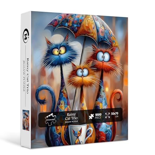 Cat Jigsaw Puzzles 1000 Pieces, PICKFORU Funny Kitten Puzzle for Adults Umbrella, Hard Cute Animal Art Theme as Home Decor