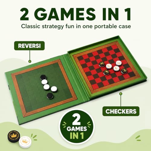 2-in-1 Checkers & Reversi Board Game | Magnetic Travel Games for Kids 8-12 | Plane Activities for Kids Ages 8-12 | Foldable Magnetic Checkers & Travel Activities - style: Checkers & Reversi
